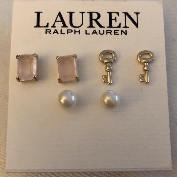 Lauren Ralph Lauren 3 Pair Stud Earring Set Key, Rose Quartz & Faux Pearl NWT - Picture 7 of 13